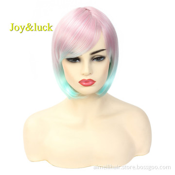 Wholesale  Colored Wig With Bangs for Women Party Cosplay Pink Ombre Green Natural Straight Short Bob Cut Wig Synthetic Wig